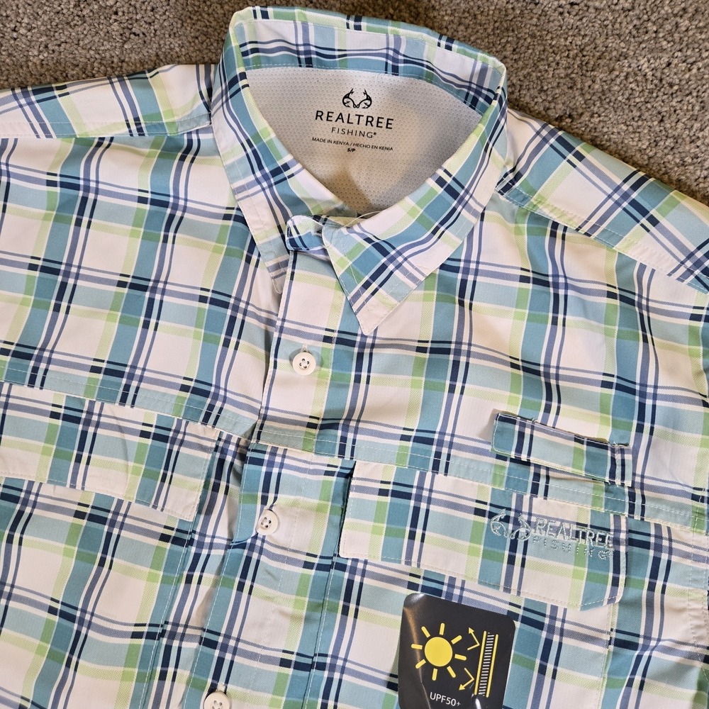 Realtree Mens Short Sleeve Fishing Guide Shirt Small Plaid NWT‎